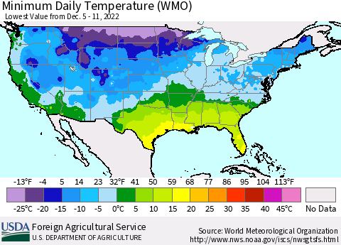 United States Minimum Daily Temperature (WMO) Thematic Map For 12/5/2022 - 12/11/2022