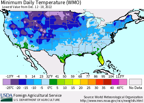 United States Minimum Daily Temperature (WMO) Thematic Map For 12/12/2022 - 12/18/2022