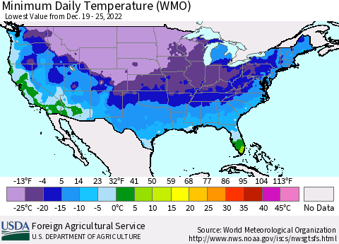 United States Minimum Daily Temperature (WMO) Thematic Map For 12/19/2022 - 12/25/2022