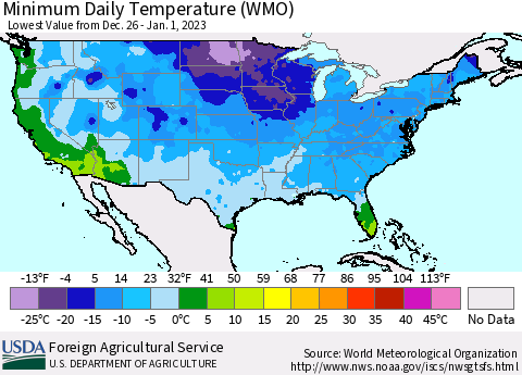 United States Minimum Daily Temperature (WMO) Thematic Map For 12/26/2022 - 1/1/2023