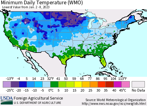 United States Minimum Daily Temperature (WMO) Thematic Map For 1/2/2023 - 1/8/2023