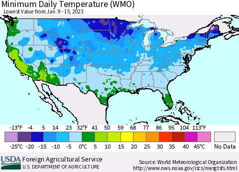 United States Minimum Daily Temperature (WMO) Thematic Map For 1/9/2023 - 1/15/2023