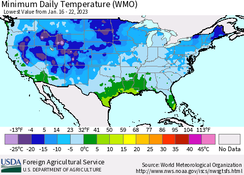 United States Minimum Daily Temperature (WMO) Thematic Map For 1/16/2023 - 1/22/2023