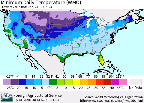 United States Minimum Daily Temperature (WMO) Thematic Map For 1/23/2023 - 1/29/2023