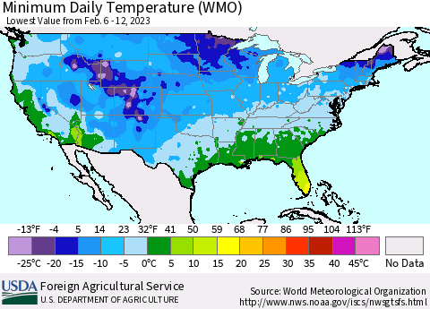 United States Minimum Daily Temperature (WMO) Thematic Map For 2/6/2023 - 2/12/2023