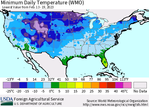 United States Minimum Daily Temperature (WMO) Thematic Map For 2/13/2023 - 2/19/2023
