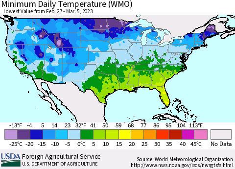 United States Minimum Daily Temperature (WMO) Thematic Map For 2/27/2023 - 3/5/2023