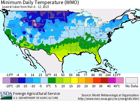 United States Minimum Daily Temperature (WMO) Thematic Map For 3/6/2023 - 3/12/2023