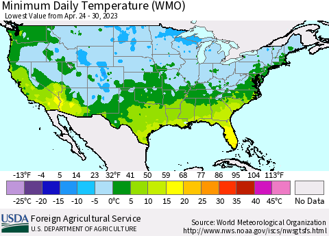 United States Minimum Daily Temperature (WMO) Thematic Map For 4/24/2023 - 4/30/2023