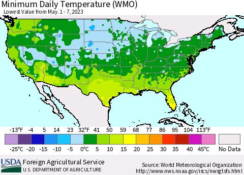 United States Minimum Daily Temperature (WMO) Thematic Map For 5/1/2023 - 5/7/2023