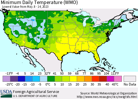 United States Minimum Daily Temperature (WMO) Thematic Map For 5/8/2023 - 5/14/2023