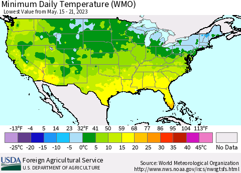 United States Minimum Daily Temperature (WMO) Thematic Map For 5/15/2023 - 5/21/2023