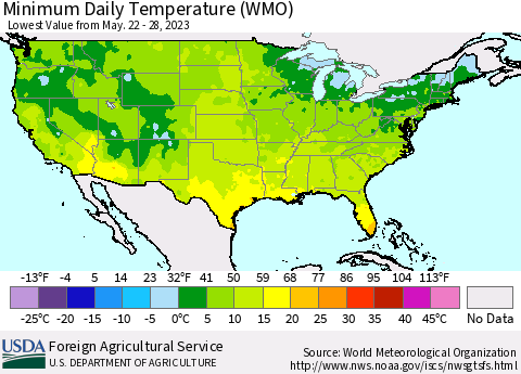 United States Minimum Daily Temperature (WMO) Thematic Map For 5/22/2023 - 5/28/2023