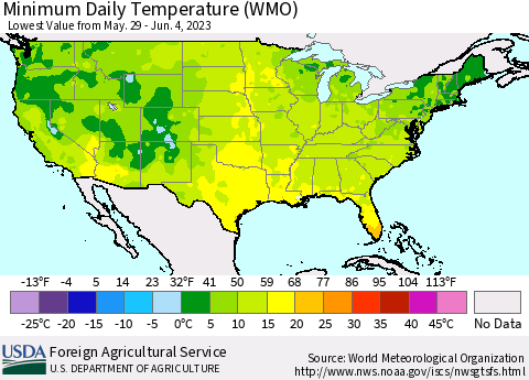 United States Minimum Daily Temperature (WMO) Thematic Map For 5/29/2023 - 6/4/2023