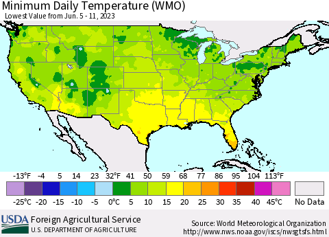 United States Minimum Daily Temperature (WMO) Thematic Map For 6/5/2023 - 6/11/2023