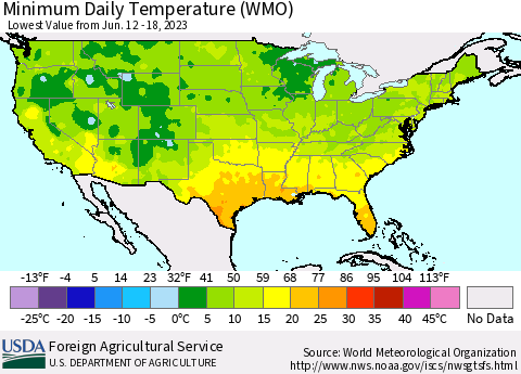 United States Minimum Daily Temperature (WMO) Thematic Map For 6/12/2023 - 6/18/2023