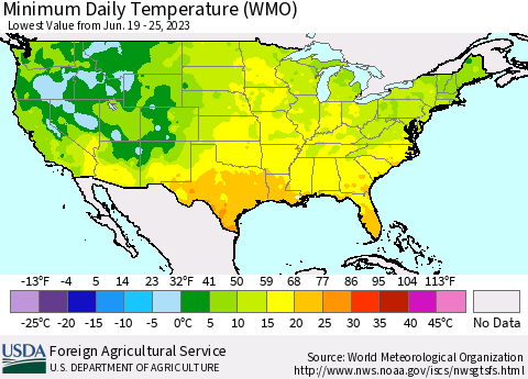 United States Minimum Daily Temperature (WMO) Thematic Map For 6/19/2023 - 6/25/2023