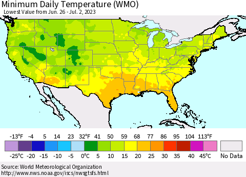 United States Minimum Daily Temperature (WMO) Thematic Map For 6/26/2023 - 7/2/2023