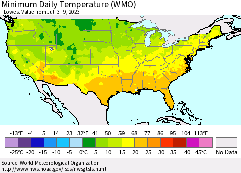 United States Minimum Daily Temperature (WMO) Thematic Map For 7/3/2023 - 7/9/2023