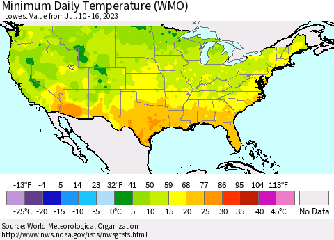 United States Minimum Daily Temperature (WMO) Thematic Map For 7/10/2023 - 7/16/2023