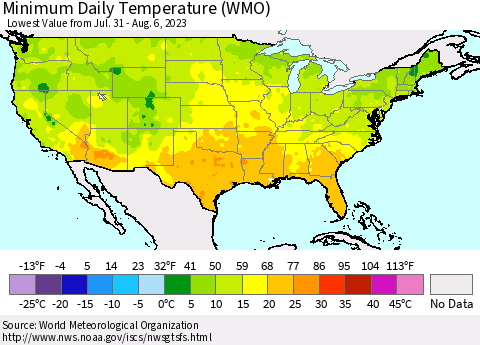 United States Minimum Daily Temperature (WMO) Thematic Map For 7/31/2023 - 8/6/2023