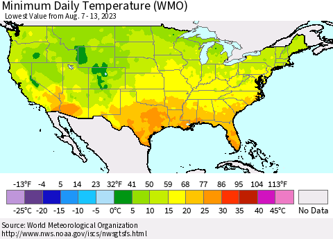 United States Minimum Daily Temperature (WMO) Thematic Map For 8/7/2023 - 8/13/2023