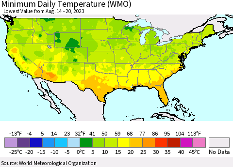 United States Minimum Daily Temperature (WMO) Thematic Map For 8/14/2023 - 8/20/2023