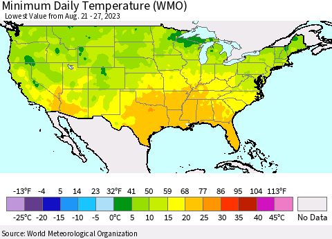 United States Minimum Daily Temperature (WMO) Thematic Map For 8/21/2023 - 8/27/2023