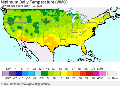 United States Minimum Daily Temperature (WMO) Thematic Map For 9/4/2023 - 9/10/2023