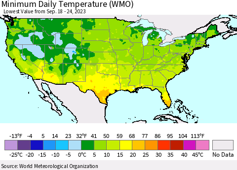 United States Minimum Daily Temperature (WMO) Thematic Map For 9/18/2023 - 9/24/2023