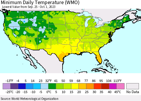 United States Minimum Daily Temperature (WMO) Thematic Map For 9/25/2023 - 10/1/2023