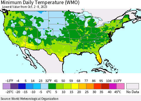 United States Minimum Daily Temperature (WMO) Thematic Map For 10/2/2023 - 10/8/2023