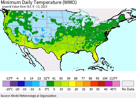 United States Minimum Daily Temperature (WMO) Thematic Map For 10/9/2023 - 10/15/2023