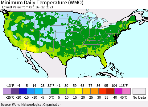 United States Minimum Daily Temperature (WMO) Thematic Map For 10/16/2023 - 10/22/2023
