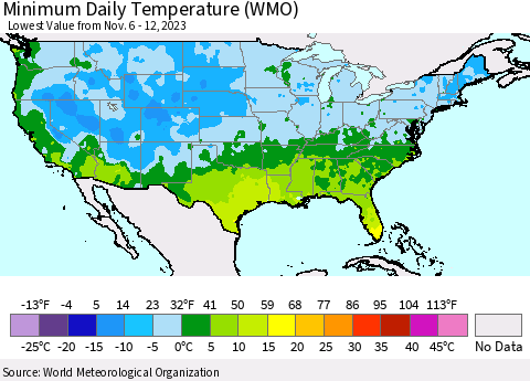 United States Minimum Daily Temperature (WMO) Thematic Map For 11/6/2023 - 11/12/2023