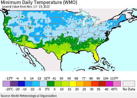 United States Minimum Daily Temperature (WMO) Thematic Map For 11/13/2023 - 11/19/2023