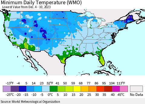 United States Minimum Daily Temperature (WMO) Thematic Map For 12/4/2023 - 12/10/2023
