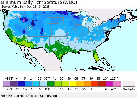 United States Minimum Daily Temperature (WMO) Thematic Map For 12/18/2023 - 12/24/2023