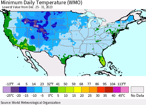 United States Minimum Daily Temperature (WMO) Thematic Map For 12/25/2023 - 12/31/2023