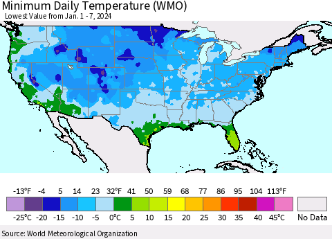 United States Minimum Daily Temperature (WMO) Thematic Map For 1/1/2024 - 1/7/2024