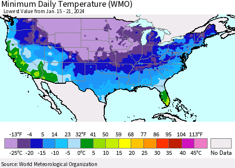 United States Minimum Daily Temperature (WMO) Thematic Map For 1/15/2024 - 1/21/2024