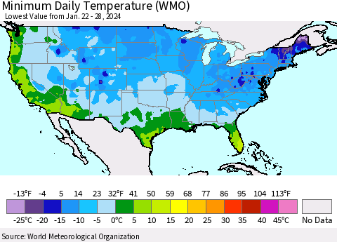 United States Minimum Daily Temperature (WMO) Thematic Map For 1/22/2024 - 1/28/2024