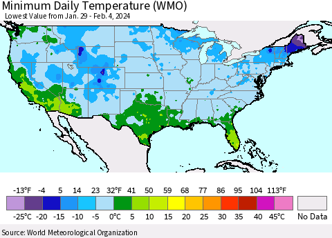 United States Minimum Daily Temperature (WMO) Thematic Map For 1/29/2024 - 2/4/2024