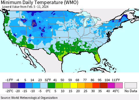 United States Minimum Daily Temperature (WMO) Thematic Map For 2/5/2024 - 2/11/2024
