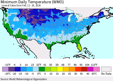 United States Minimum Daily Temperature (WMO) Thematic Map For 2/12/2024 - 2/18/2024