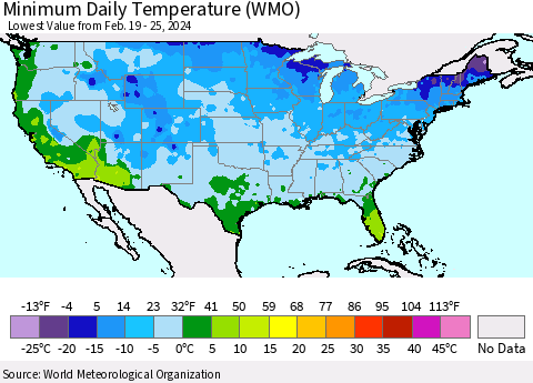 United States Minimum Daily Temperature (WMO) Thematic Map For 2/19/2024 - 2/25/2024