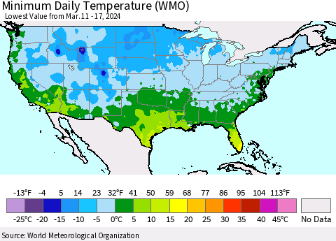United States Minimum Daily Temperature (WMO) Thematic Map For 3/11/2024 - 3/17/2024