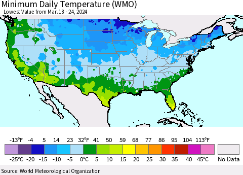 United States Minimum Daily Temperature (WMO) Thematic Map For 3/18/2024 - 3/24/2024