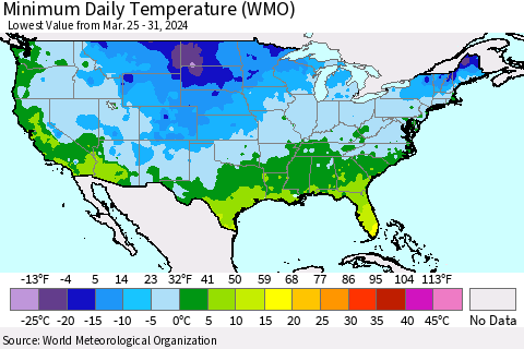 United States Minimum Daily Temperature (WMO) Thematic Map For 3/25/2024 - 3/31/2024