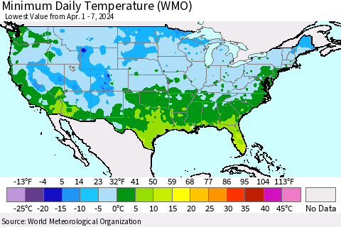 United States Minimum Daily Temperature (WMO) Thematic Map For 4/1/2024 - 4/7/2024